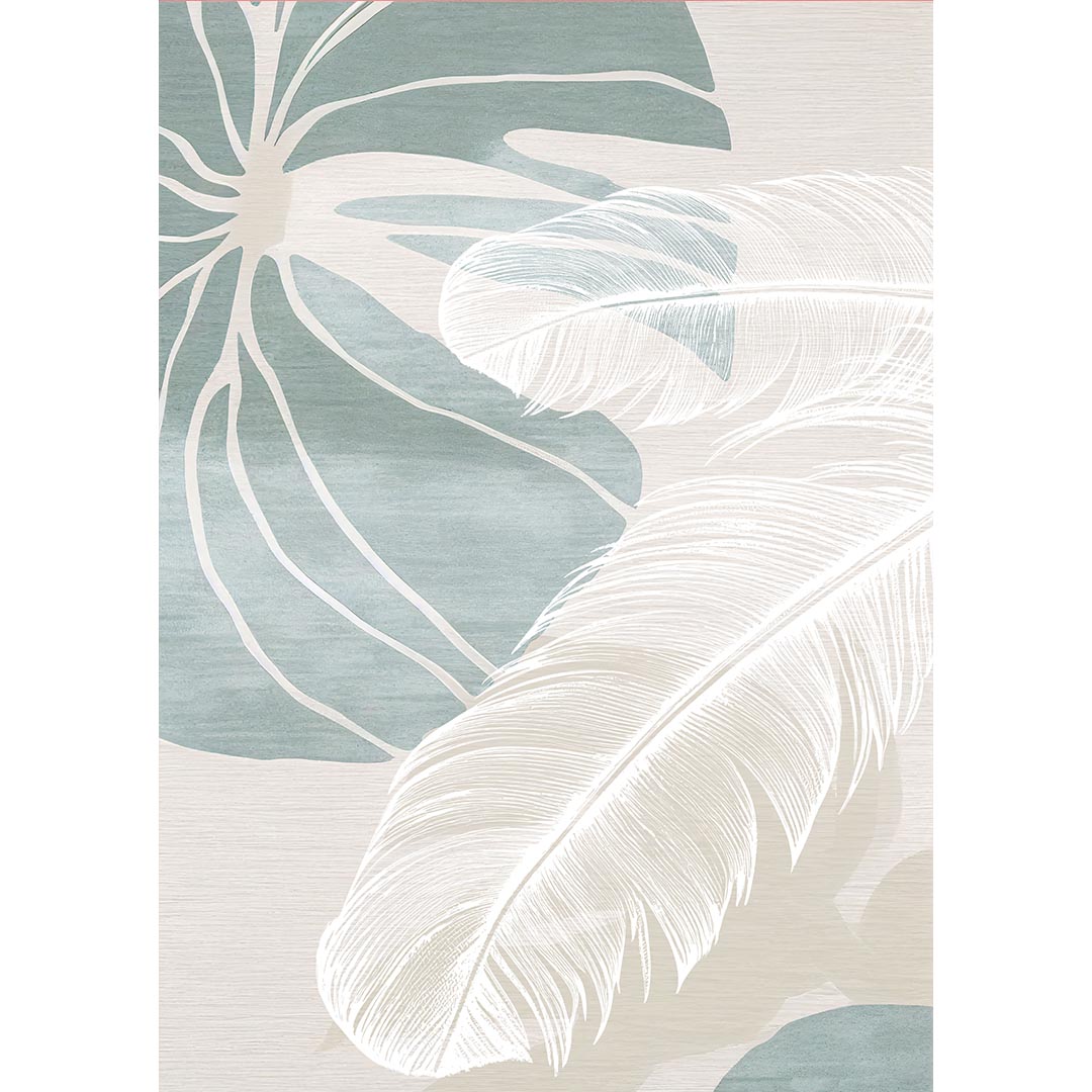 Moderner Teppich mit tropischem Blättermuster – Beige Mint für Wohnzimmer & Schlafzimmer
