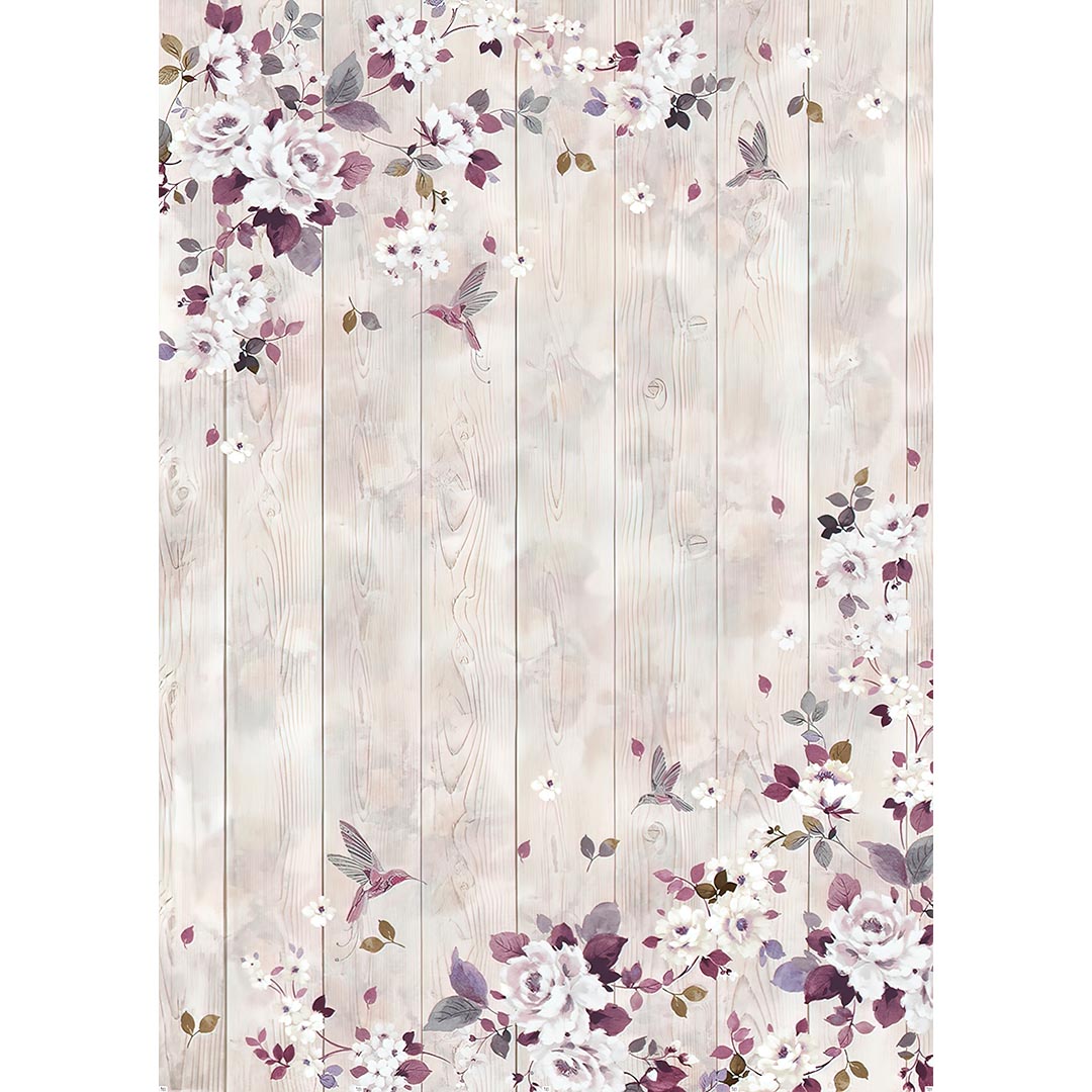 Teppich mit Blumen und Holzoptik – Romantischer Designerteppich in Beige Rosa