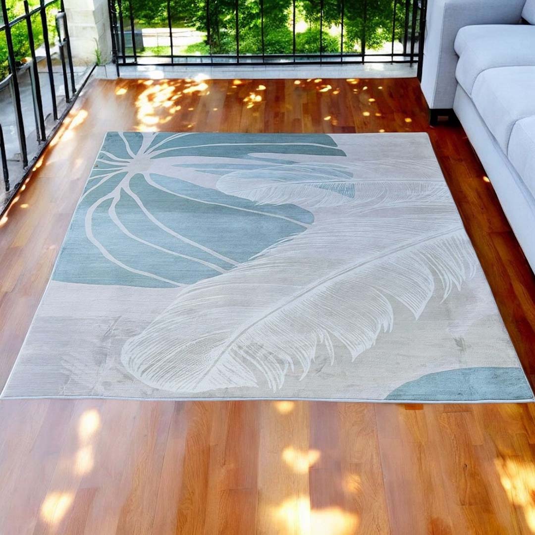 Moderner Teppich mit tropischem Blättermuster – Beige Mint für Wohnzimmer & Schlafzimmer