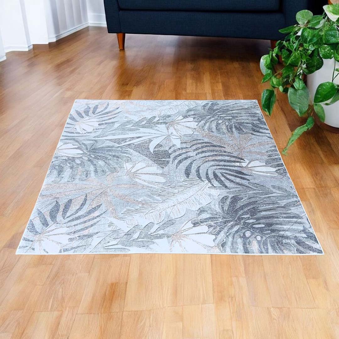 Moderner Teppich mit Blättermuster – Beige Grau Wohnzimmer Teppich