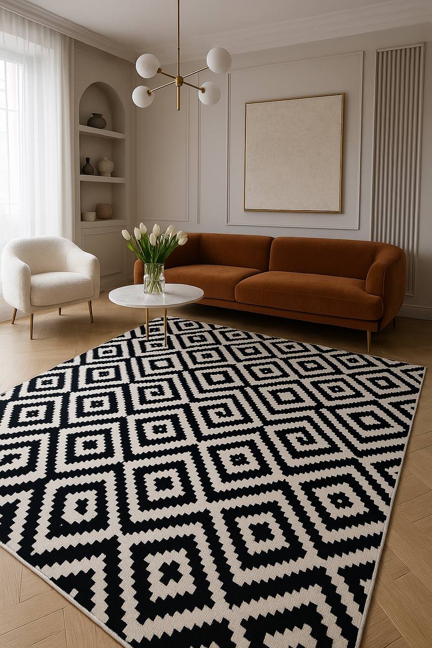 Weicher und glänzender geometrischer Teppich Dina in Schwarz und Weiß