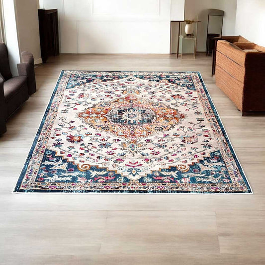 Orientteppich Bunt Vintage – Medaillon Teppich mit floralen Mustern in Blau Gelb Pink

