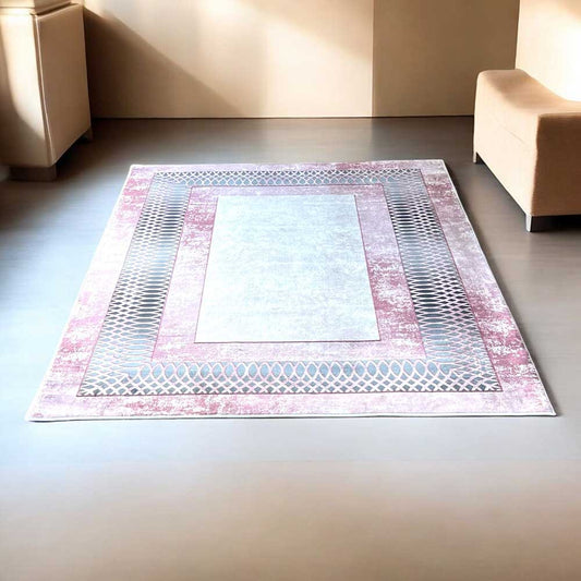 Moderner Teppich mit Rahmenmuster Rosa Grau – Eleganter Teppich für Wohnzimmer & Schlafzimmer