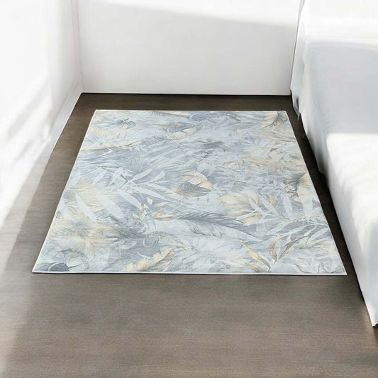Teppich mit tropischem Blättermuster Grau Beige – Moderner Naturstil für Wohnzimmer