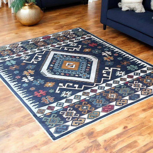 Caucasian-Style Rug – Dark Blue Base with Geometric Patterns
