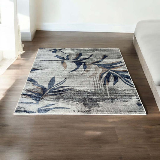 Moderner Teppich mit Blättermotiv Grau Blau – Naturdesign für Wohnzimmer & Flur