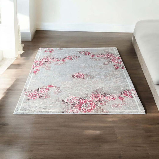 Klassischer Teppich mit Blumenmuster – Beige Rosa Teppich im romantischen Stil