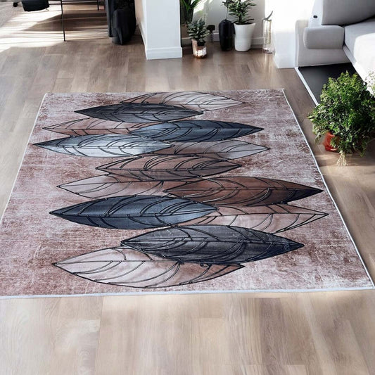 Moderner Teppich mit Blätterdesign Grau Beige – Stylischer Wohnzimmerteppich im 3D-Look